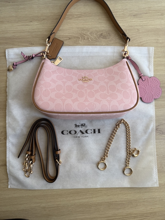 Coach Handbags - Coach Pink Signature Jacquard Shoulder Bag with Tan Trim & Gold Hardware